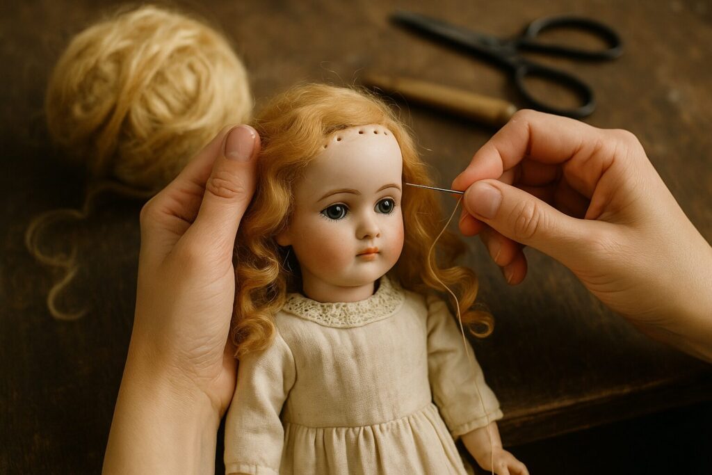 Personne cousant cheveux poupée ancienne