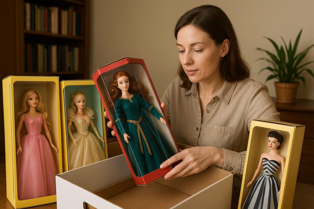 femme range poupées de collection en boîtes