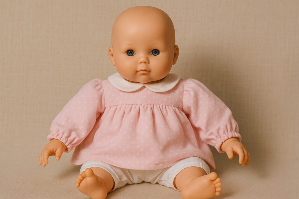 poupée bébé en robe rose assise