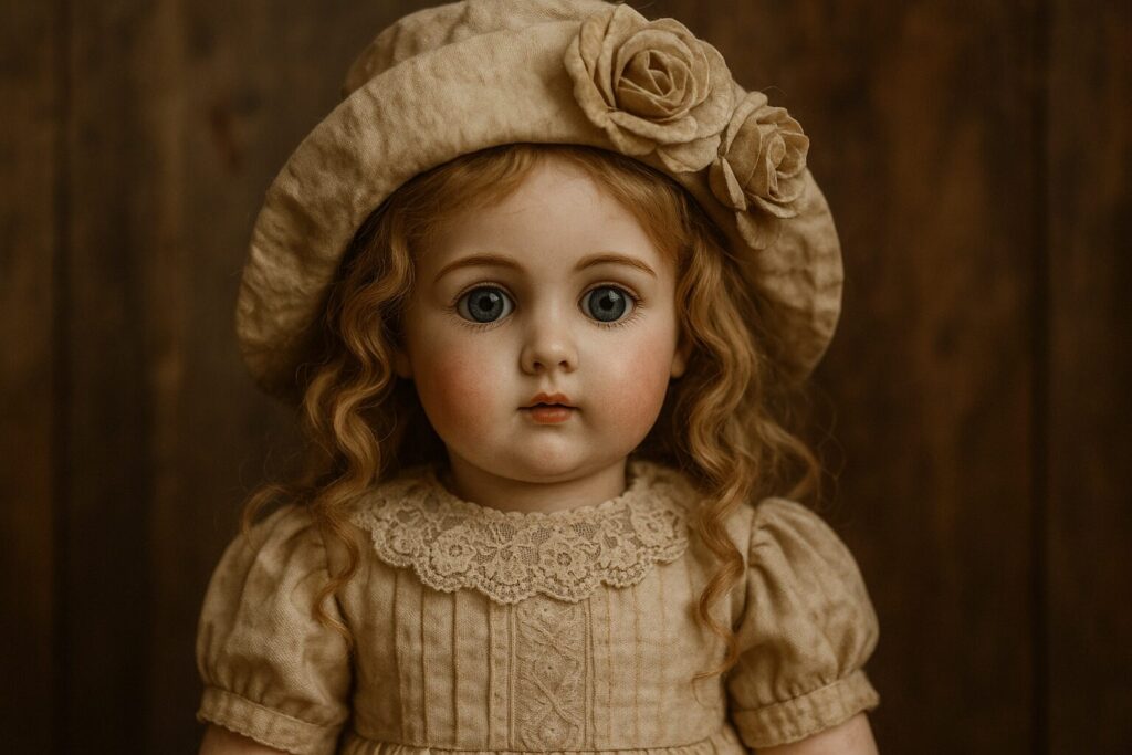 Poupée ancienne à robe et chapeau beige