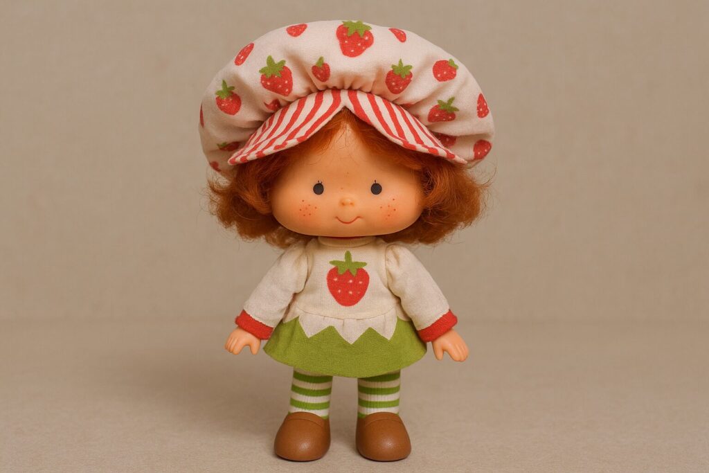 poupée cheveux roux chapeau et robe fraises