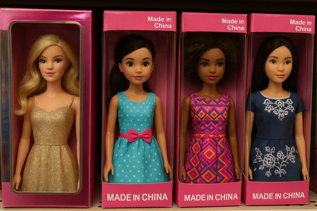 Quatre poupées diverses en boîtes roses